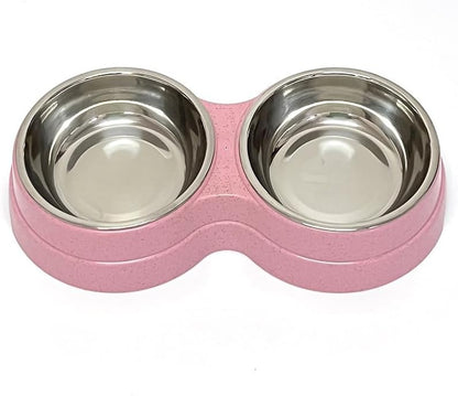 Cat & Dog Double Feeding Bowl – Dual Stainless Steel Bowls – Assorted Colors
