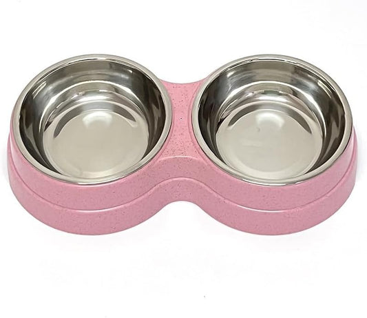 Cat & Dog Double Feeding Bowl – Dual Stainless Steel Bowls – Assorted Colors