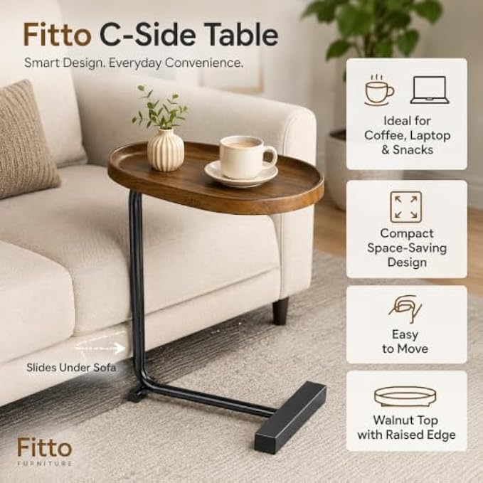 72 Pieces C-Shaped Side Tables with Walnut Finish Tray Top (Raised Edge and Sturdy Metal Frame – Space-Saving Sofa End Table – Walnut Brown and Black)