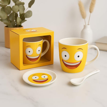 Yellow Ceramic Mug with Lol Emoji Smile, Spoon & Lid, Fun Coffee Cup for Home & Office