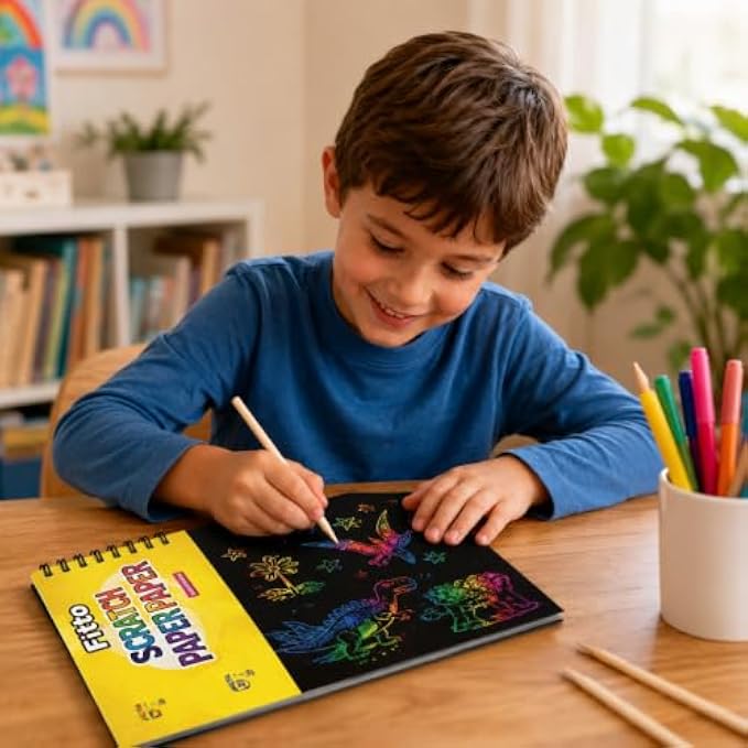144 Pieces Rainbow Scratch Paper Art Sets (10 Black Scratch Sheets 14 x 20.5 cm with Wooden Stylus – Spiral-Bound Drawing Pad for Doodling – Crafts and Creative Activities)
