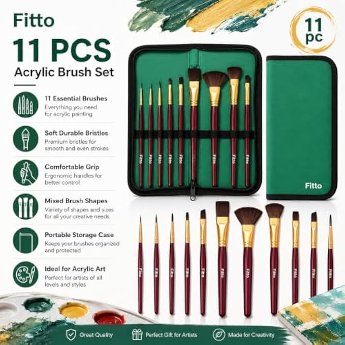 72 Pieces 11-Piece Acrylic Paint Brush Sets with Mixed Shapes and Portable Zip Case (Burgundy and Green)