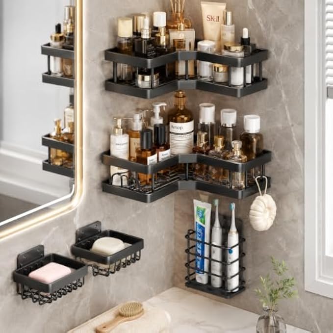 60 Pieces 5-Piece Wall Mounted Bathroom Organizer Sets with Corner Shelves (Storage Baskets and Hooks for Toiletries – Shower and Vanity – Black)