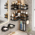 60 Pieces 5-Piece Wall Mounted Bathroom Organizer Sets with Corner Shelves (Storage Baskets and Hooks for Toiletries – Shower and Vanity – Black)