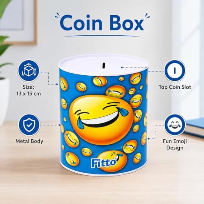 120 Pieces Blue Metal Coin Boxes with Top Coin Slot (Fun Emoji Design – Round Money Saving Tin – 13 x 15 cm)