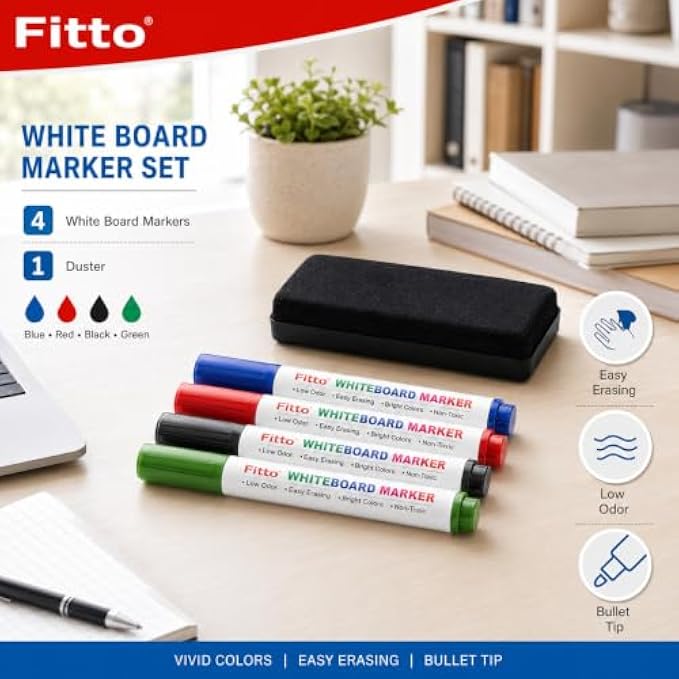 120 Pieces Whiteboard Marker Sets with Duster (4 Low-Odor Bullet Tip Dry Erase Markers in Blue – Red – Black and Green for Office – Home and Classroom)
