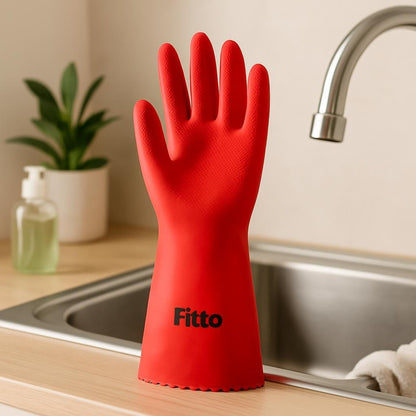 Red Rubber Cleaning Gloves with Textured Grip for Household Tasks