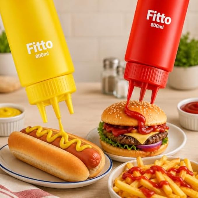 144 Pieces 800ml Squeeze Bottle Sets (2 Piece Sauce Dispenser Bottles with Precision Nozzle Cap – Food-Grade Refillable Plastic Condiment Bottles – Red and Yellow)