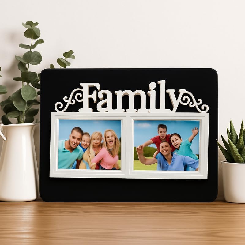 Family Photo Frame with Dual Picture Slots and Decorative 'Family' Text, Black with White Border