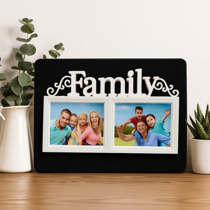 Family Photo Frame with Dual Picture Slots and Decorative 'Family' Text, Black with White Border
