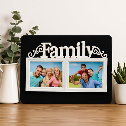 Family Photo Frame with Dual Picture Slots and Decorative 'Family' Text, Black with White Border