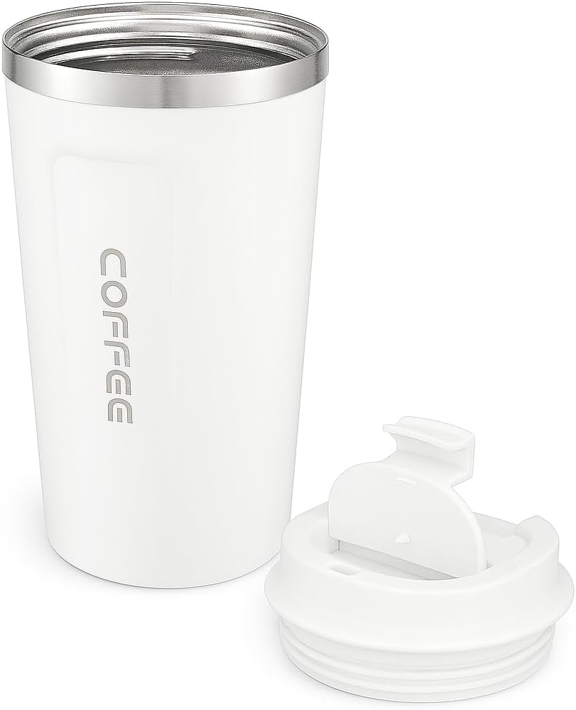 White Coffee Mug with Lid, 380ml Double Wall Insulated Stainless Steel Mug – Travel-Friendly, Leak-Proof Coffee Cup for Hot & Cold Beverages – BPA-Free, Spill-Resistant Mug for Office, Home