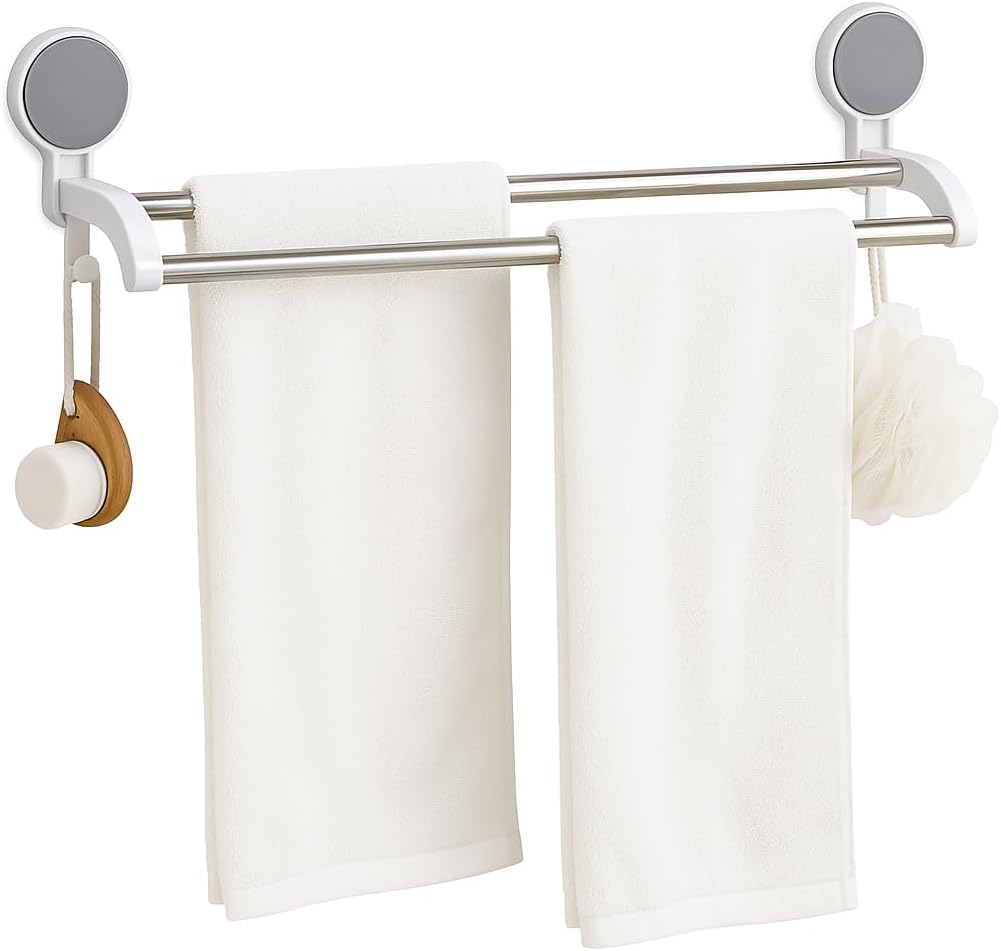 96 Pieces Bathroom Towel Bars with 2 Stainless Steel Poles (No Drilling – Bearing Weight 6.6 Lbs – Towels Hanger – Laundry Hook – Kitchen Rack – White)