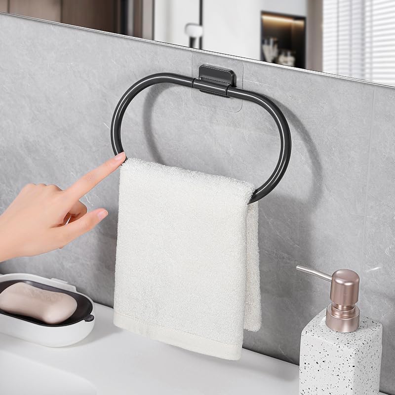 Wall Mounted Self Adhesive Towel Holder No Drill – Round Design in Gun Grey – Durable ABS Material