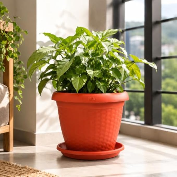 96 Pieces 25 cm Plastic Plant Pots with Matching Saucer (Textured Lightweight Flower Planter for Indoor and Outdoor Plants – Durable Decorative Garden Pot – Orange Red)