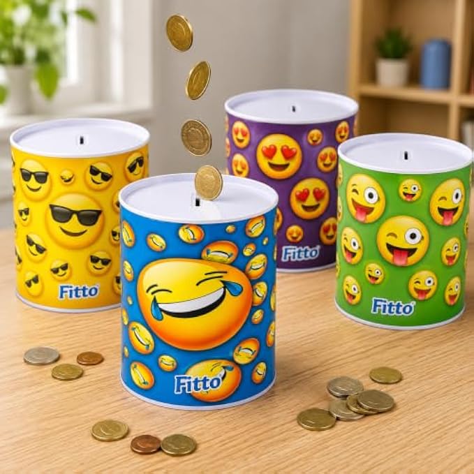 120 Pieces Blue Metal Coin Boxes with Top Coin Slot (Fun Emoji Design – Round Money Saving Tin – 13 x 15 cm)