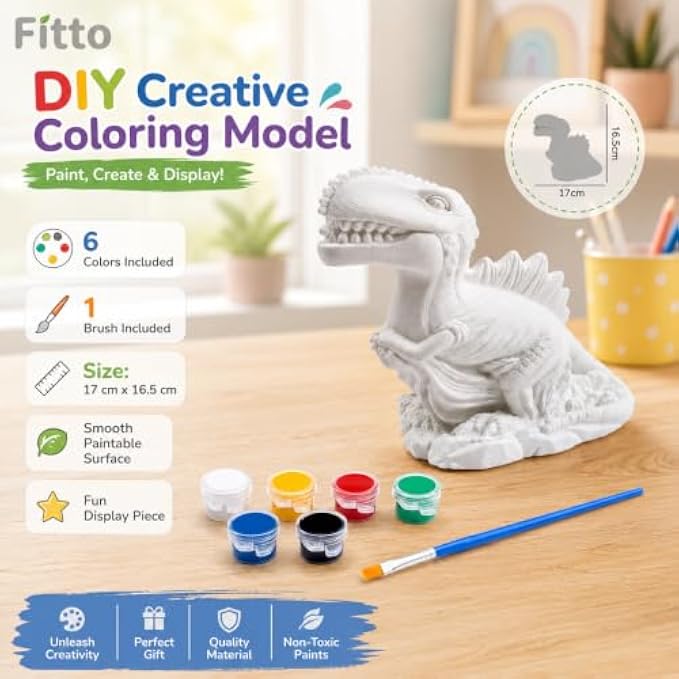 96 Pieces DIY Dinosaur Painting Kits with White Coloring Model (6 Paint Pots and Brush – 17 x 16.5 cm – Assorted Colors)