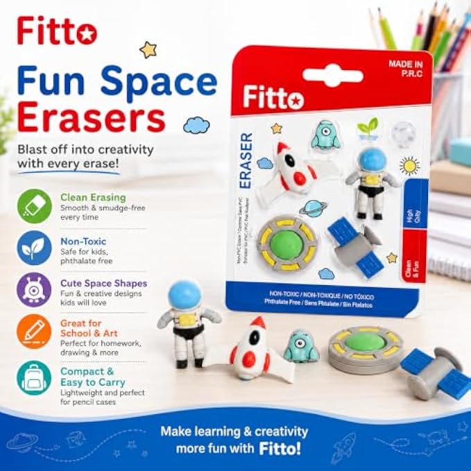 144 Pieces Fun Space Eraser Sets (5-Piece Assorted Rocket – Astronaut – Alien – UFO and Satellite Pencil Erasers)