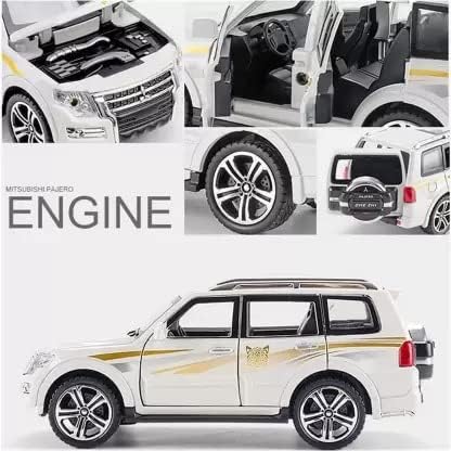 72 Pieces 1:32 Scale Mitsubishi Pajero SUV Metal Car Toys with Sound & Light for Children - White Color (Die-Cast Model with Realistic Features for Boys & Girls – Ideal Gift for Car Enthusiasts)