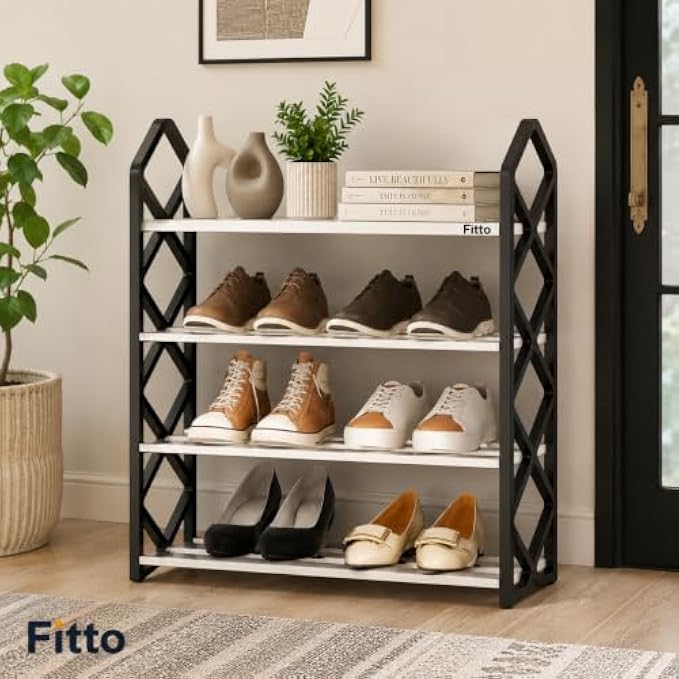 96 Pieces 4 Layer Shoe Racks (Space Saving Freestanding Organizer Shelf for Shoes – Slippers and Daily Storage – Black and White)