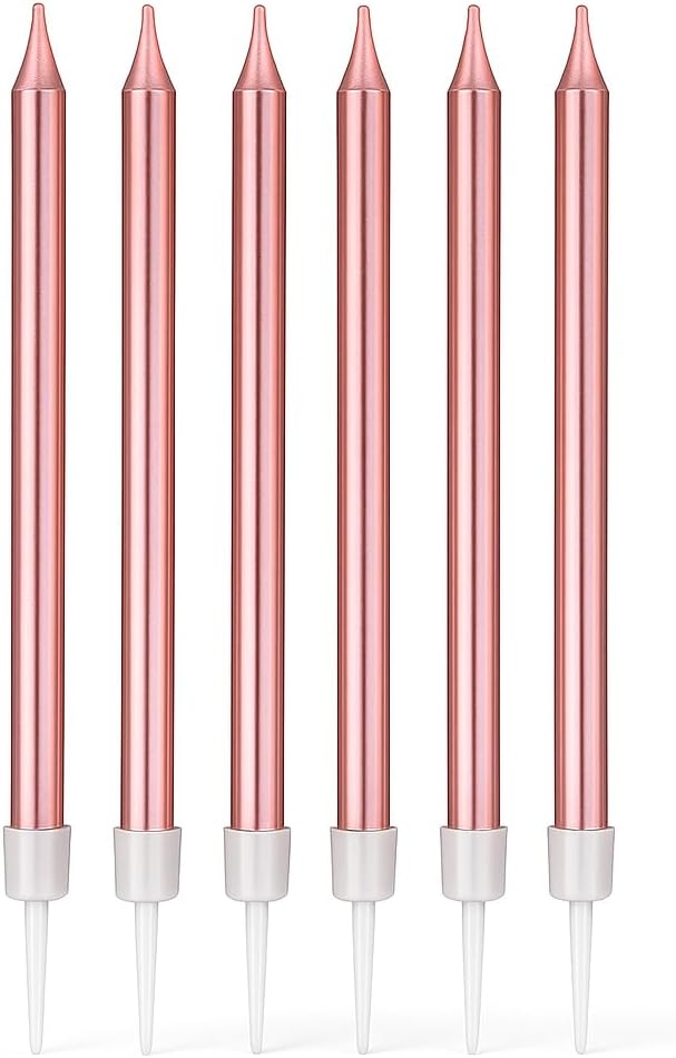 6Pcs Long Thin Birthday Candles for Cake with Stand, Pink – Cake Decorations, Party Supplies, Cake Toppers, 13cm