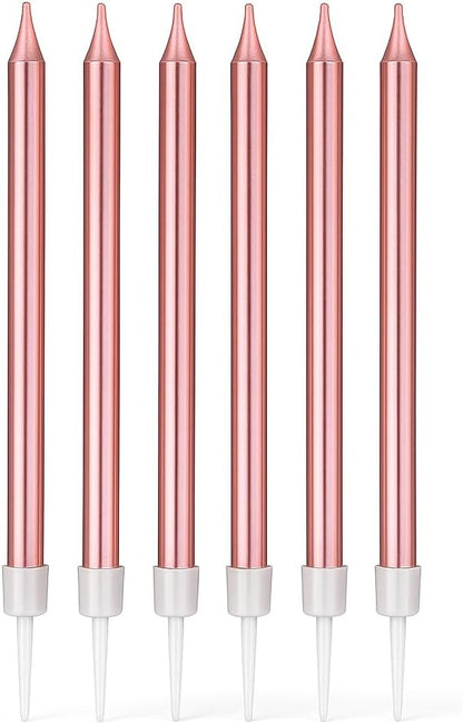 6Pcs Long Thin Birthday Candles for Cake with Stand, Pink – Cake Decorations, Party Supplies, Cake Toppers, 13cm