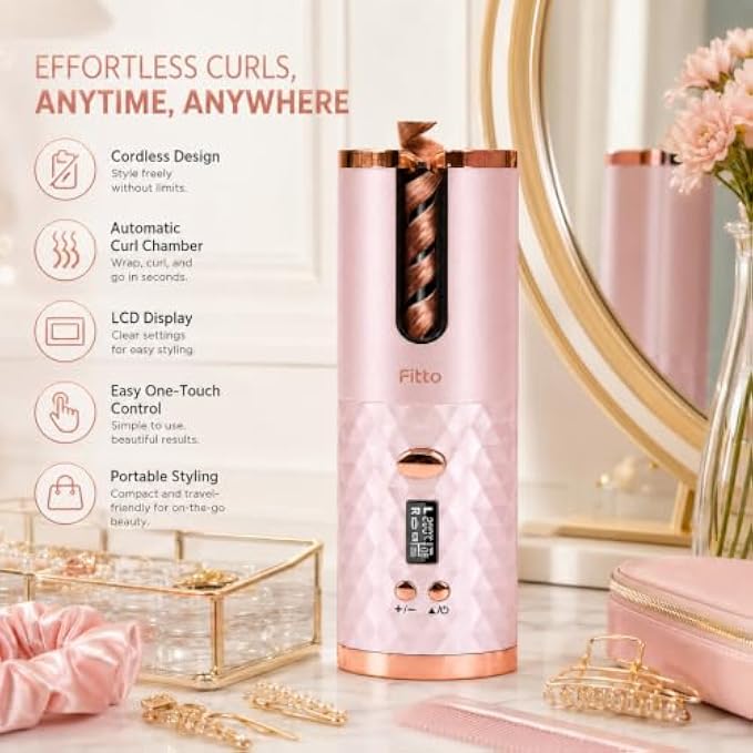 60 Pieces Cordless Automatic Hair Curlers with LCD Display (One-Touch Curling Chamber and Rechargeable Portable Design – Pink and Rose Gold)