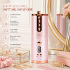 60 Pieces Cordless Automatic Hair Curlers with LCD Display (One-Touch Curling Chamber and Rechargeable Portable Design – Pink and Rose Gold)