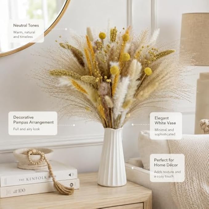 96 Pieces Natural Dried Pampas Grass Bouquets with Wheat Stems and Bunny Tails (Neutral Boho Floral Arrangement for Living Room – Bedroom and Office Décor – Yellow – Beige and White)