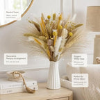 96 Pieces Natural Dried Pampas Grass Bouquets with Wheat Stems and Bunny Tails (Neutral Boho Floral Arrangement for Living Room – Bedroom and Office Décor – Yellow – Beige and White)