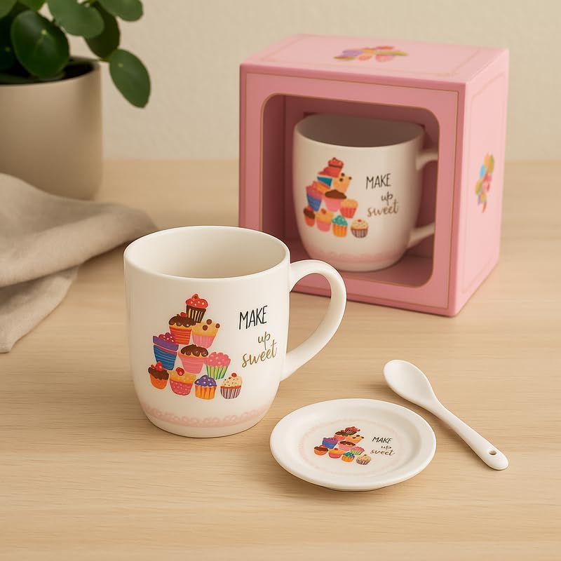 White Ceramic Mug with Spoon and Lid, Make a Wish Cupcake Design, Coffee Tea Cup