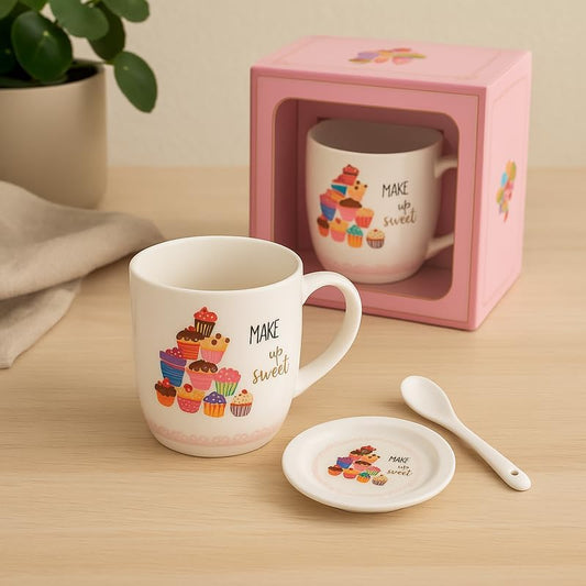 White Ceramic Mug with Spoon and Lid, Make a Wish Cupcake Design, Coffee Tea Cup