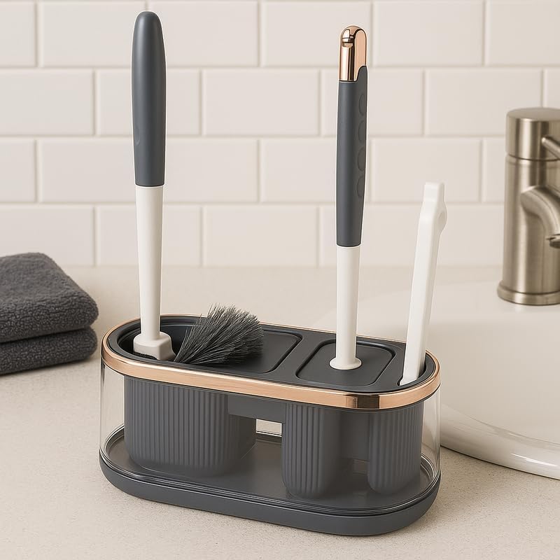 Toilet Brush 3 in 1 Set with Holder, Bathroom Cleaning Tool, Silicone Bristles, Deep Clean, Compact Design