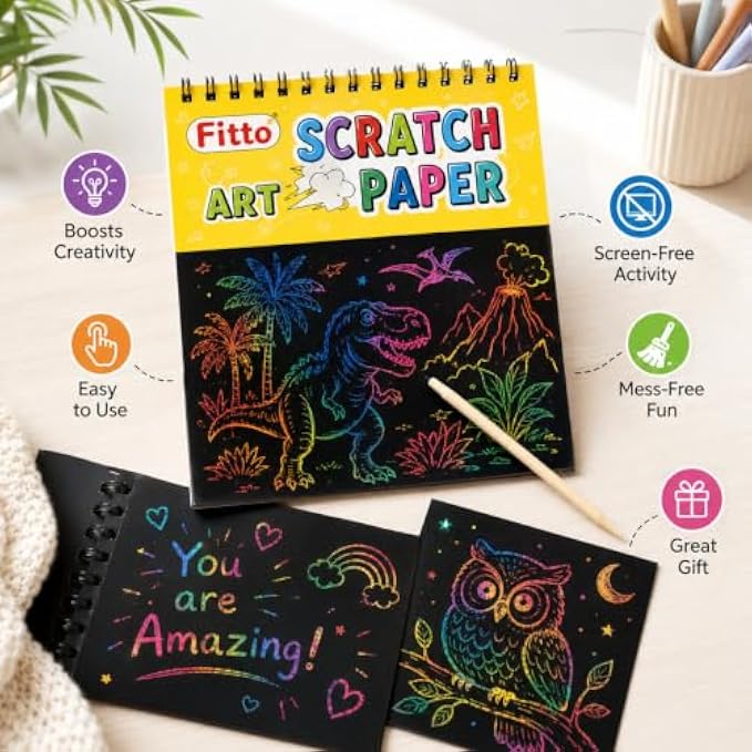 120 Pieces Rainbow Scratch Paper Art Sets (10 Black Scratch Sheets 20 x 28 cm with Wooden Stylus – Spiral-Bound Creative Drawing Pad for Art – Doodling and Crafts)