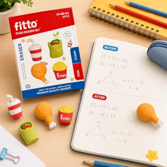 144 Pieces Food-Shaped Eraser Sets (4-Piece Assorted Drink Cup – Wrap – Fries and Chicken Pencil Erasers)