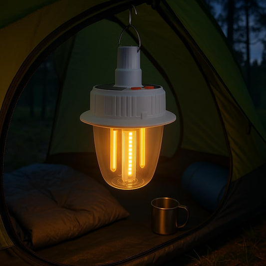 2-Pack Solar Camping Light, Rechargeable Tungsten Outdoor Lantern, 3 Light Color Modes, IP65 Waterproof with Hook for Camping & Emergency