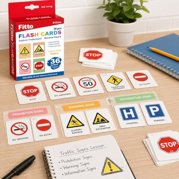 120 Pieces Traffic and Safety Signs Flash Cards (36-Piece Educational Road Sign Learning Set with Bright Illustrations and Portable Storage Box)