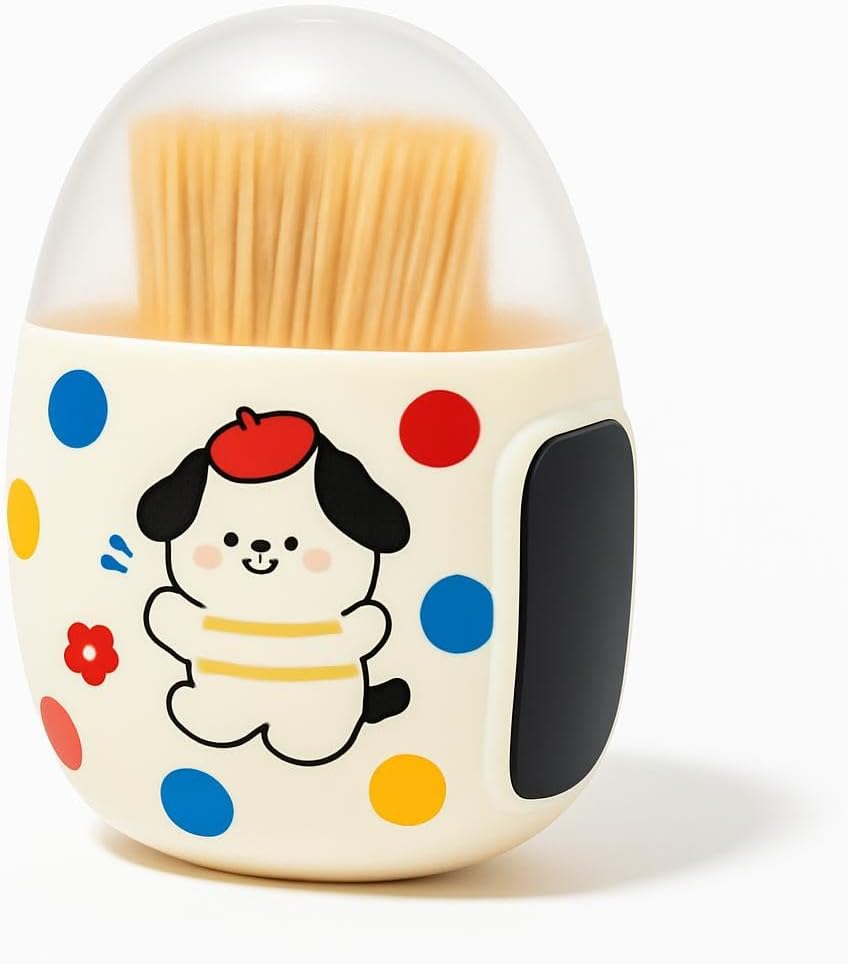 Magnetic Toothpick Box – Polka Dot & Puppy Design – Cream Color