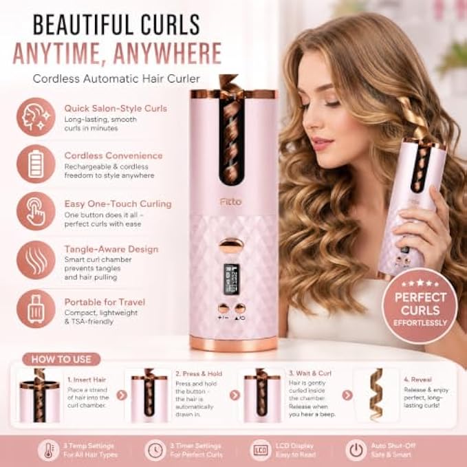 60 Pieces Cordless Automatic Hair Curlers with LCD Display (One-Touch Curling Chamber and Rechargeable Portable Design – Pink and Rose Gold)