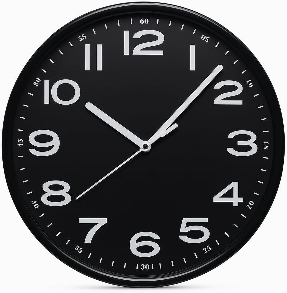 Sleek Black 25cm Round Wall Clock for Living Room, Bedroom, Kitchen, and Office | Stylish and Minimalist Design | Silent Quartz Movement with Easy-to-Read Numbers