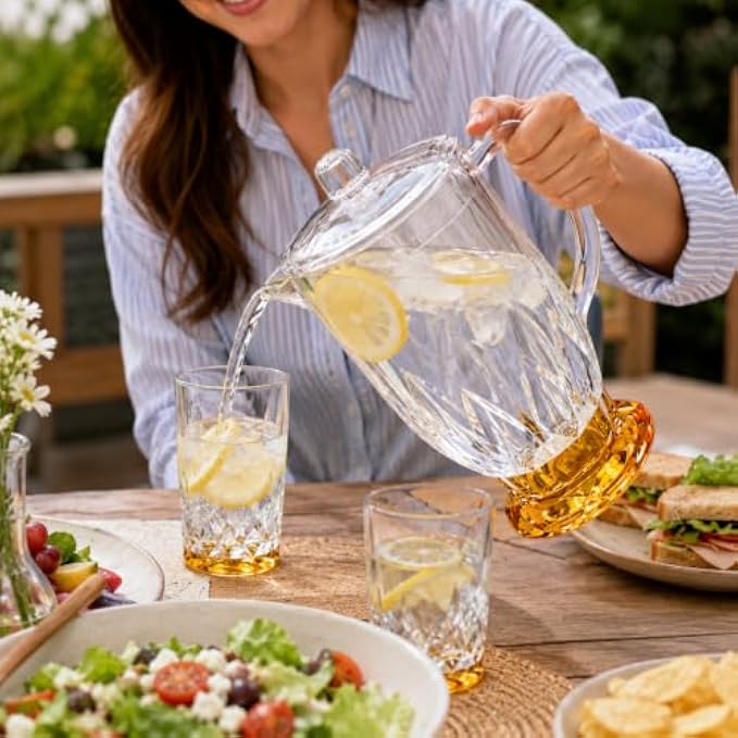 72 Pieces Acrylic Water Jugs with Lid (Lightweight Crystal Look Pitcher with Easy Pour Spout and Comfortable Handle for Water Juice Cold Drinks and Everyday Serving – Clear Amber)