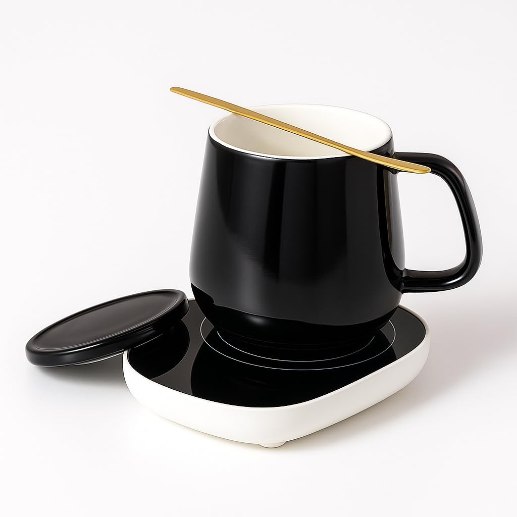 Coffee Mug Warmer with Mug, Electric Mug Warmer for Desk with Auto Shut-Off – Perfect for Keeping Coffee, Tea, Milk Warm, Compact Design, Includes Cup & Spoon – Ideal Gift for Home & Office