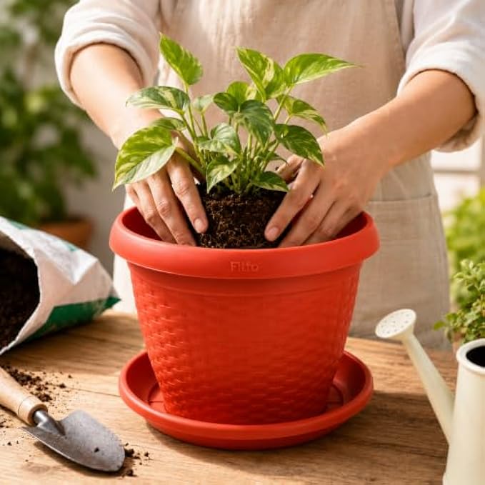 96 Pieces 25 cm Plastic Plant Pots with Matching Saucer (Textured Lightweight Flower Planter for Indoor and Outdoor Plants – Durable Decorative Garden Pot – Orange Red)