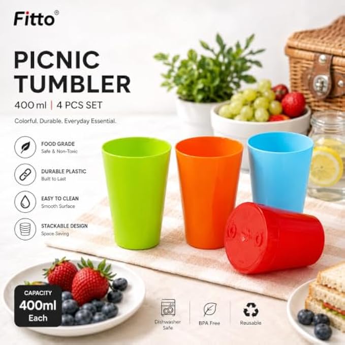 120 Pieces Picnic Tumbler Sets (4 Piece 400 ml Plastic Drinking Cups – BPA-Free Reusable Stackable Tumblers for Home Office Travel and Picnics – Multicolor)