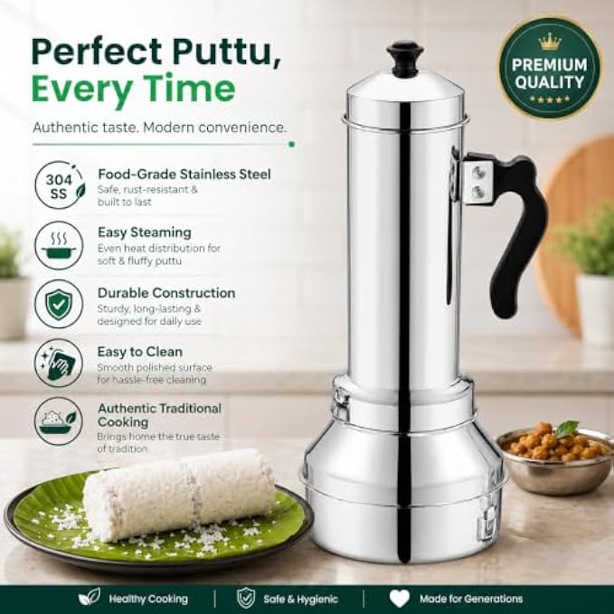 72 Pieces Stainless Steel Traditional Puttu Makers (4 Puttu Capacity Steamer with Heat-Resistant Handle and Mirror Polish Finish – Silver and Black)