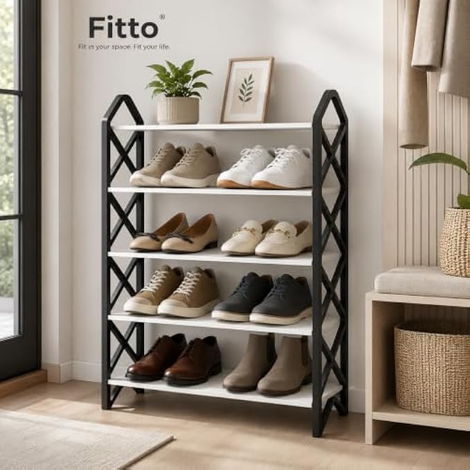 96 Pieces 4 Layer Shoe Racks (Space Saving Freestanding Organizer Shelf for Shoes – Slippers and Daily Storage – Black and White)