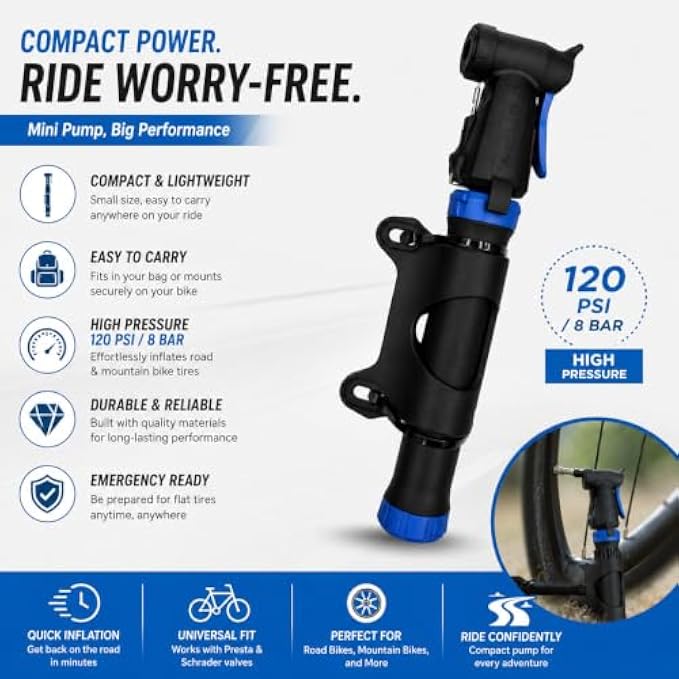 96 Pieces Mini Bike Pumps (Portable High-Pressure Bicycle Pump up to 120 PSI / 8 Bar with T-Handle and Frame Mount – Presta and Schrader Compatible – Black and Blue)