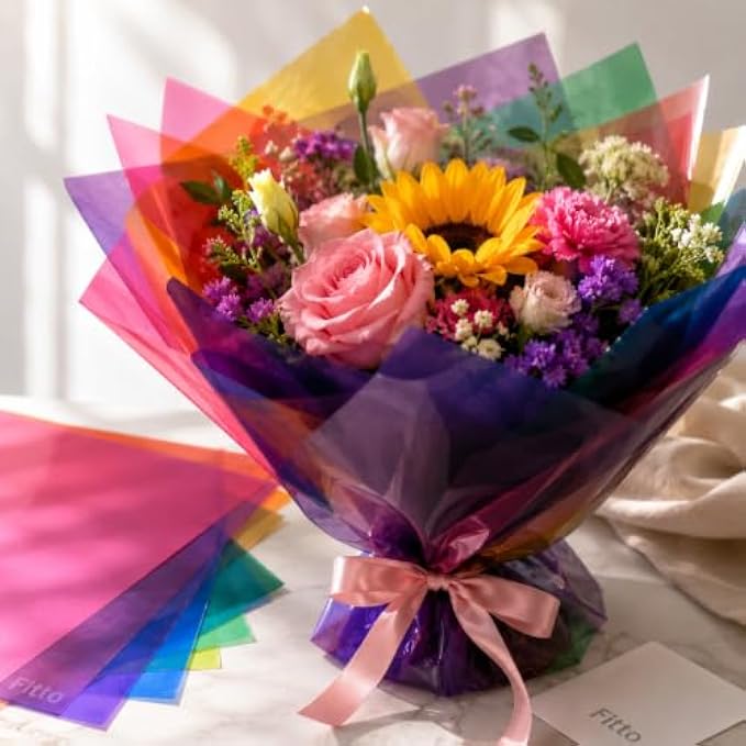 120 Pieces Cellophane Paper Packs (10 Assorted Transparent Color Sheets per Pack – For Gift Wrapping – Bouquets – Crafts and Decorations)