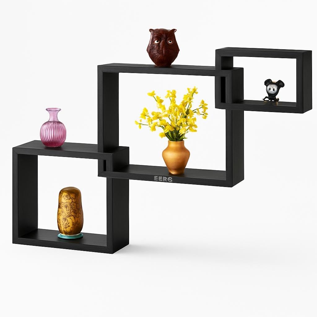 Interlocked Black Cuboid Wall Shelves Set of 3 for Home Decor