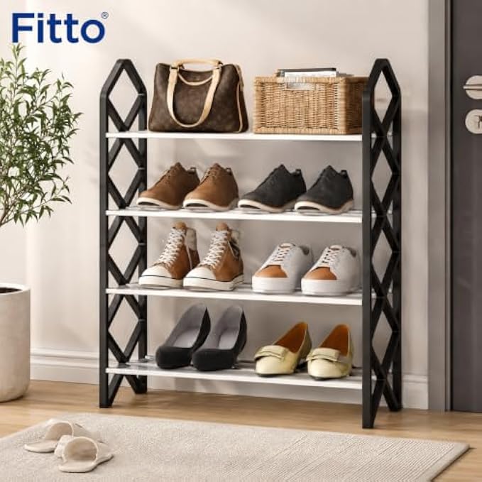96 Pieces 4 Layer Shoe Racks (Space Saving Freestanding Organizer Shelf for Shoes – Slippers and Daily Storage – Black and White)